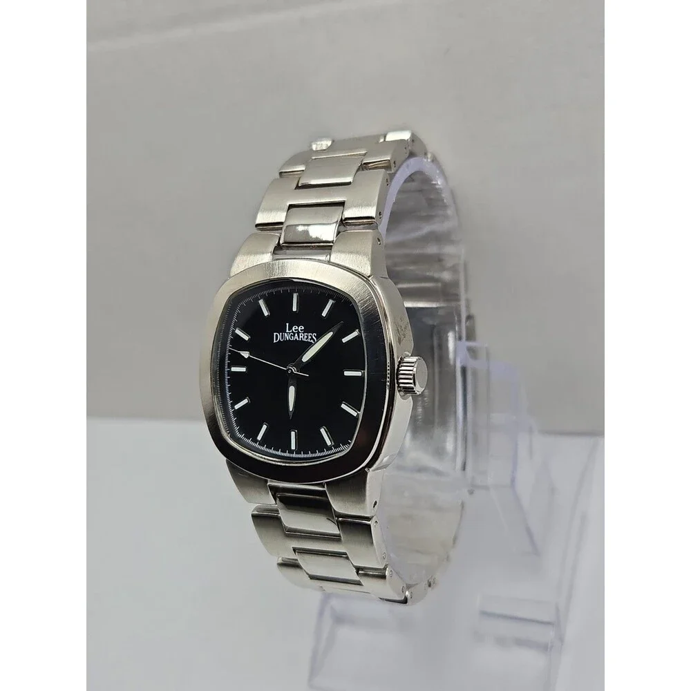 Vintage Lee Dungarees Mens Black Cushion Dial Silver Bracelet Quartz New Battery